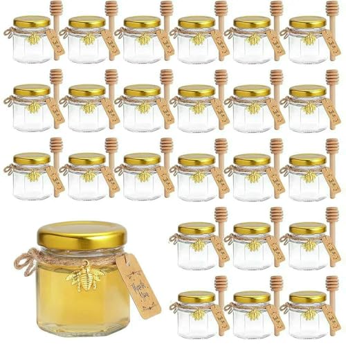 CUIDM Mini tarros de Miel de Vidrio, tarros hexagonales pequeños a Granel, tarritos pequeños para Bodas y Fiestas, 45 g