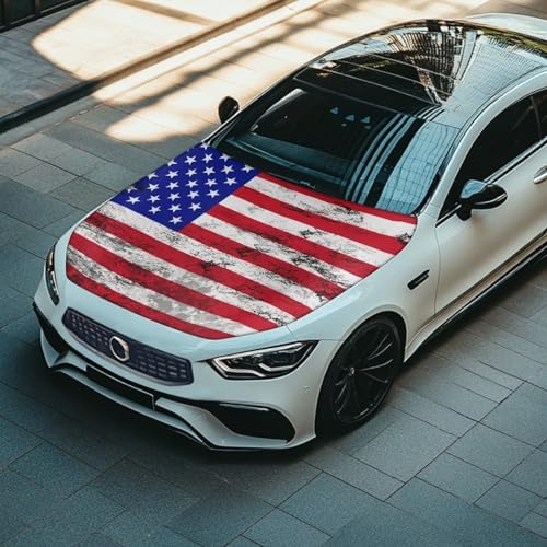 Image of 4th of July American Flag Car Hood Cover Polyester Elastic Fabrics Washable Suitable for Large SUV and Pickup Trucks 39x59in