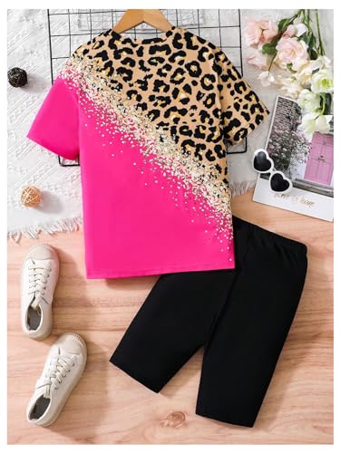 Image of Floerns Girl's 2 Piece Outfit Leopard Sequin Patchwork Top and Elastic Waist Bermuda shorts Sets