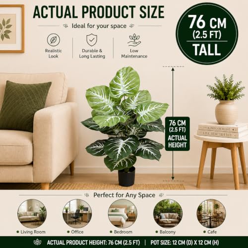 Image of Cocco.BUA Artificial Plant with Black Pot, 18 Leaves, 76 CM (2.5 Feet) (Caladium Plant)