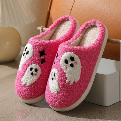 Halloween Slippers,Halloween Fuzzy Slippers for Women Men,Plush Warm Ghost Fuzzy Shoes,Holiday Slip-On Indoor Outdoor Anti-Skid Sole Cozy House Slipper Soft Bedroom Shoes2