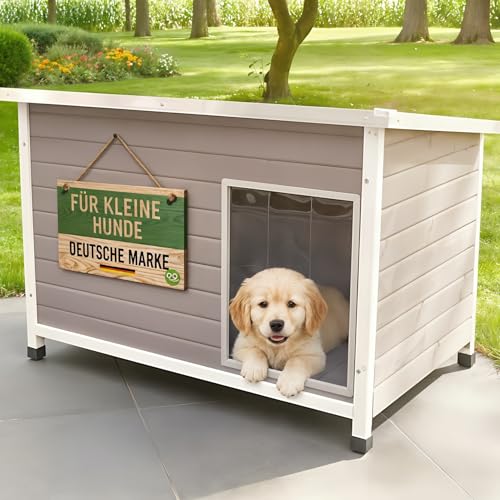 zooprinz Exklusive Hundehütte Jacky – aus wetterfestem & massivem Holz mit Metallrahmen, Dach zum Öffnen, Lamellentür & Kunststofffüßen – Hundehütte für Indoor und Outdoor (Hellgrau, M)
