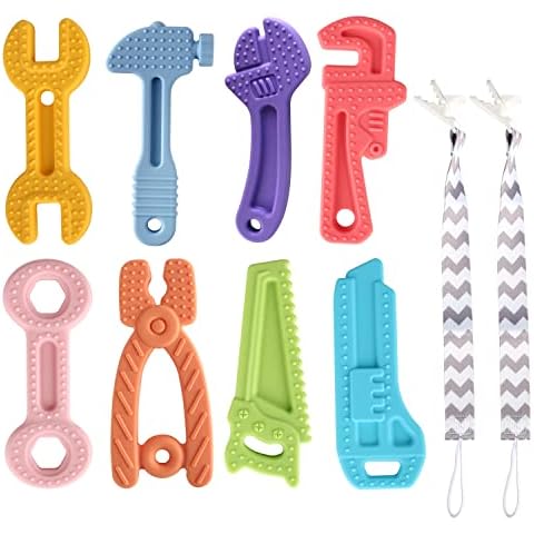 Yinghezu 8 Pack Chew Baby Teething Toys for 0-12 Months, Freezable BPA Free Silicone Baby Molar Teether Chew Toys, Hammer Wrench Spanner Pliers Hand Saw Shape Baby Girl's Boy Car Seat Toy Cover