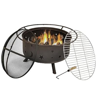 Sunnydaze Cosmic Outdoor Fire Pit Set with Cooking Grill and Spark Screen, Patio Wood Burning Round Firepit Bowl, 30 Inch