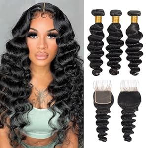 Loose Deep Wave Bundles with Closure Brazilian Virgin Human Hair Bundles Wet and Wavy Human Hair bundles with 4×4 Free Part Closure Loose Deep Curly Human Hair Bundles 16 18 20+14 inch