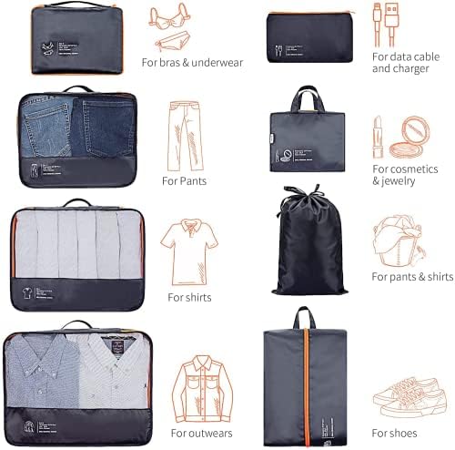 DIMJ Packing Cubes 8 Sets Travel Luggage Organizers for Suitcases Waterproof Packing Organiser with Label Shoe Storage Bags Laundry Bag, Black