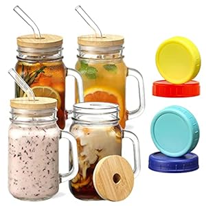Bicchieri con Cannuccia Riutilizzabile, 4 Tazze di Vetro, 400 ml, con Manico, con Coperchio e cannuccia, con manico per acqua, caffè, cocktail, soda, regalo
