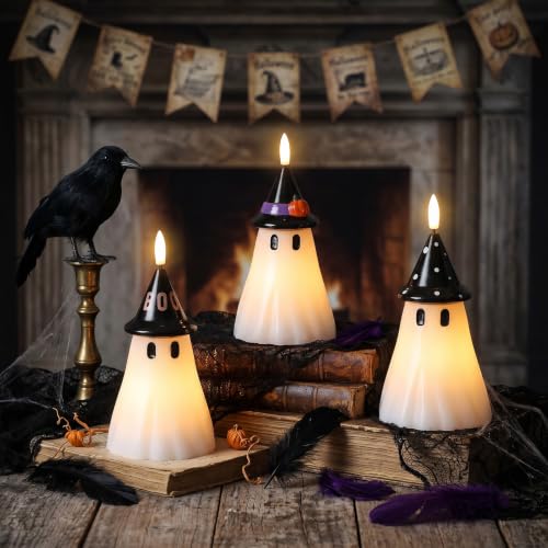 Image of Halloween Decor Flameless Ghost Candles with Witch Hat, 3PCS