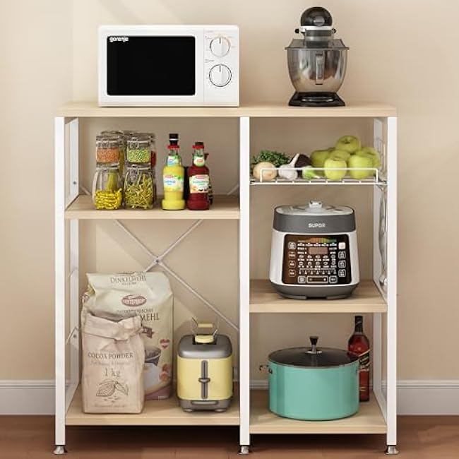 Bakers Rack with Power Outlet, White Microwave Stand with 5 S-Shaped Hooks, Coffee Bar, Kitchen Storage Shelf, for Kitchen, Living Room