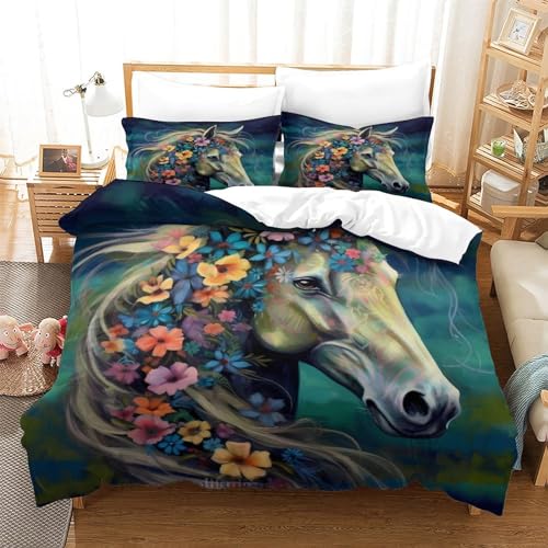 Parure housse de couette fleurs et chevaux 3D microfibre de qualité supérieur - 3