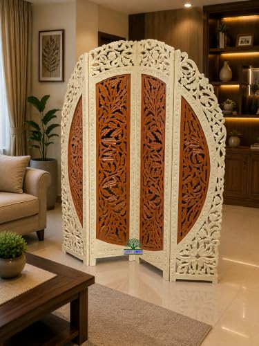 Image of Wooden Room Divider Partition for Living Room | Foldable 4 Panel Decorative Privacy Screen Separator for Home, Office & Bedroom | Modern (Cream & Brown)