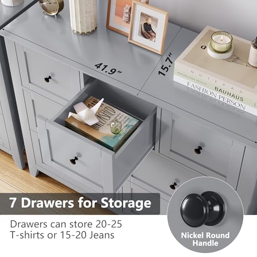 GarveeHome Grey 7 Chest of Drawer Dresser, Modern Storage Cabinet, Wood Organizer TV Stand for 48 inch TV, Bedroom, Living Room, Entryway