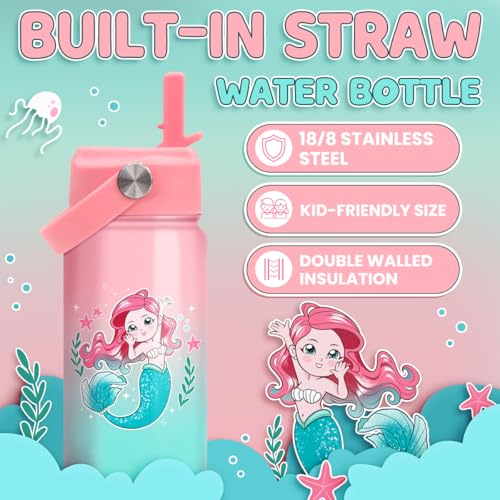 Image of SANDJEST Mermaid Water Bottle for Girls - Kids Water Bottle with Straw Lid - 12 Oz Insulated Stainless Steel Water Bottles - Travel Cup for School Sports