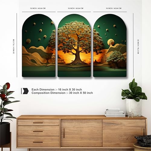 Image of Livin'luxe Golden Tree Landscape Wall Art - 3 Panel Sunset Nature Painting | Vibrant Green & Gold Decor for Living Room, Bedroom, Dining Hall, Office | Modern Triptych Wall Hanging
