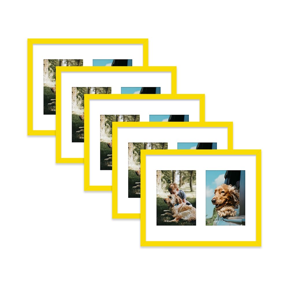 Yellow Multi Photo Frame - Holds 2 x 7x5 Pictures, Family Collage Picture Frame for Wall Display, 14x11 Frame size, Set of 5