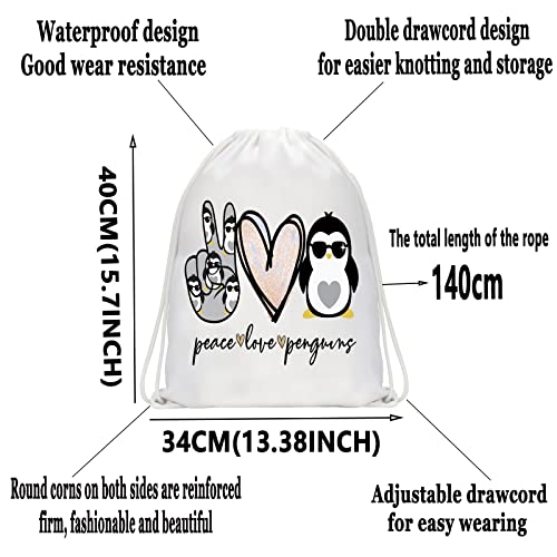 WZMPA Funny Penguin Drawstring Backpack Penguin Lover Gift Peace Love Penguins Drawstring Travel Bag Animal Lover Gift (Peace Penguins)2