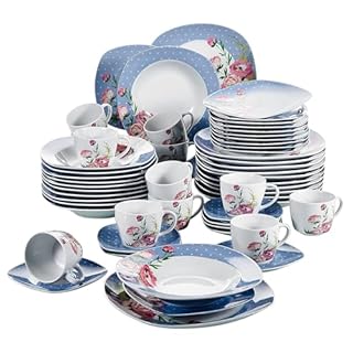 VEWEET 'Hannah' 60-Piece Dinner Set Porcelain Combination Sets with Dessert Plates/Soup Plates/Dinner Plates/Cups/Saucers Service for 12 (Pink Flower Pattern), Dishwasher & Microwave Safe
