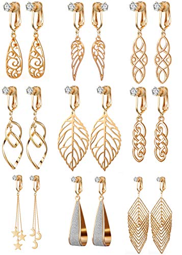 9 Pairs Gold Clip on Earrings for Women Fashion-Dainty Clip on Earrings for Women - Tear Drop Earrings Clip on Hoop Earrings for Women-CZ Clipon Earrings for Womens Clip on Earrings for Girls