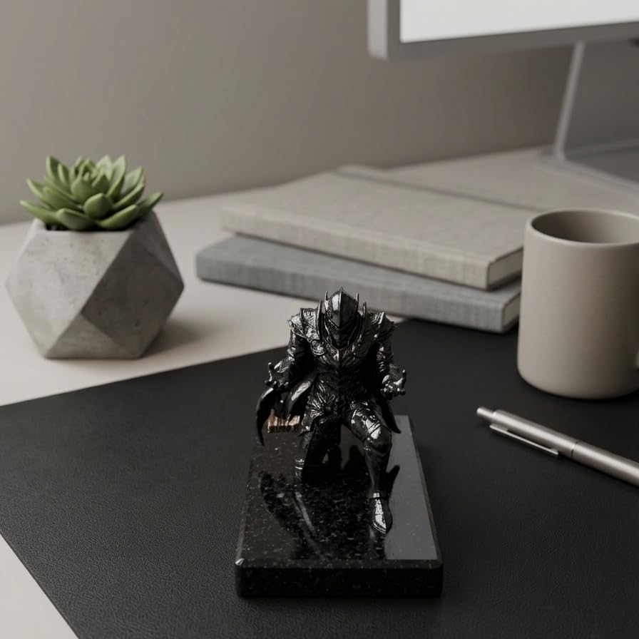 Image of Pen Holder Sculpture Eco PLA Water Resistant Scratch Resistant Desk Organizer 5x4x3 Inches Satin Silk Metallic Finish Armour Decorative Tool Stand (Glazed Steel)