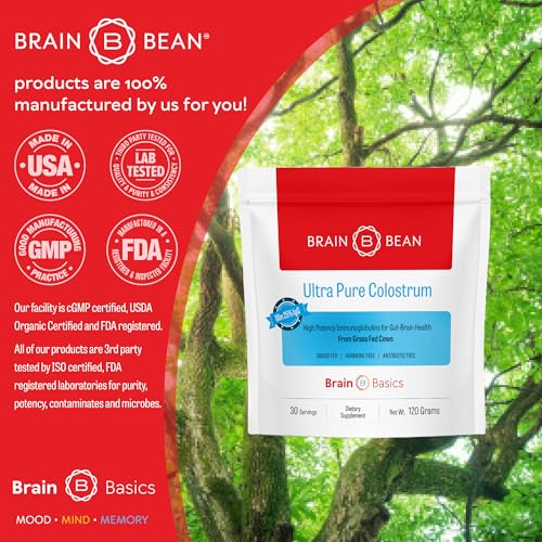 Brain Basics Ultra-Pure Colostrum, 4000mg per Serving, Min 25% IgG antibodies, Gut-Brain-Immune Health, Glowing Hair and Skin. Colostrum Powder from Grass-Fed Cows. 120 Grams - 30 Servings