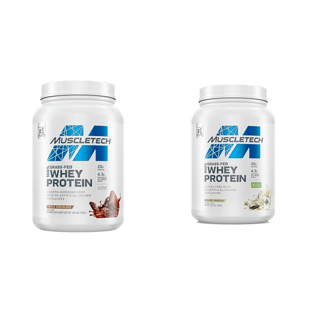 MuscleTech Grass Fed Whey Protein Powder, Triple Chocolate & Deluxe Vanilla, 1.8 lbs Each Protein Powder + Whey Protein, Deluxe Vanilla Triple chocolate 28.8 Ou