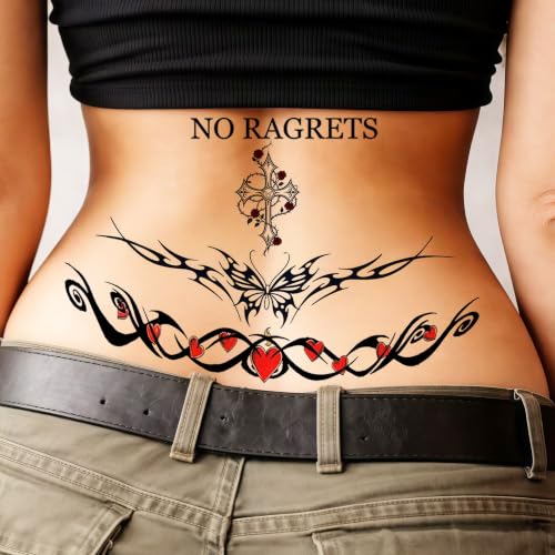 Image of 4 Sheets Y2K Barbed Wire Temporary Tattoos For Men Women Adults White Trash Bash Party Favors, Realistic NO RAGRETS Tramp Stamp Fake Thorns Tattoos Halloween Costume Heart Skull Tattoos Neck Stickers
