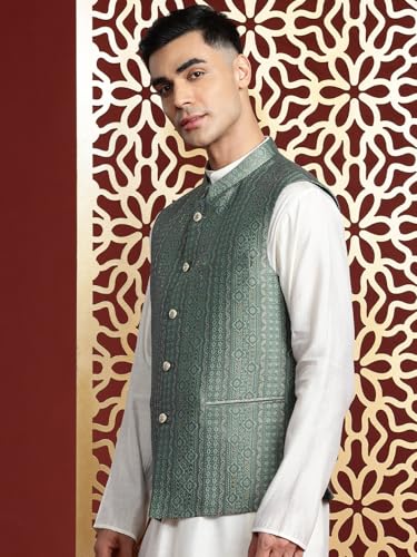 Image of MANQ Men's Kurta With Churidar & Ethnic Motifs Nehru Jacket Set For Wedding, Festival & Formal Occasions