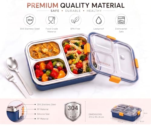 Image of 3 Compartment Stainless Steel Lunch Box with Spoon & Fork | Leak Proof Bento Tiffin Box for Kids & Adults | Food Grade Container for Office, School, College & Traveler