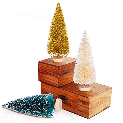 24Pack Artificial Mini Christmas Trees, Sisal Trees With Wood Base Bottle Brush Trees For Christmas Table Top Decor Winter Crafts Ornaments Green, Gold And Ivory #TOP2