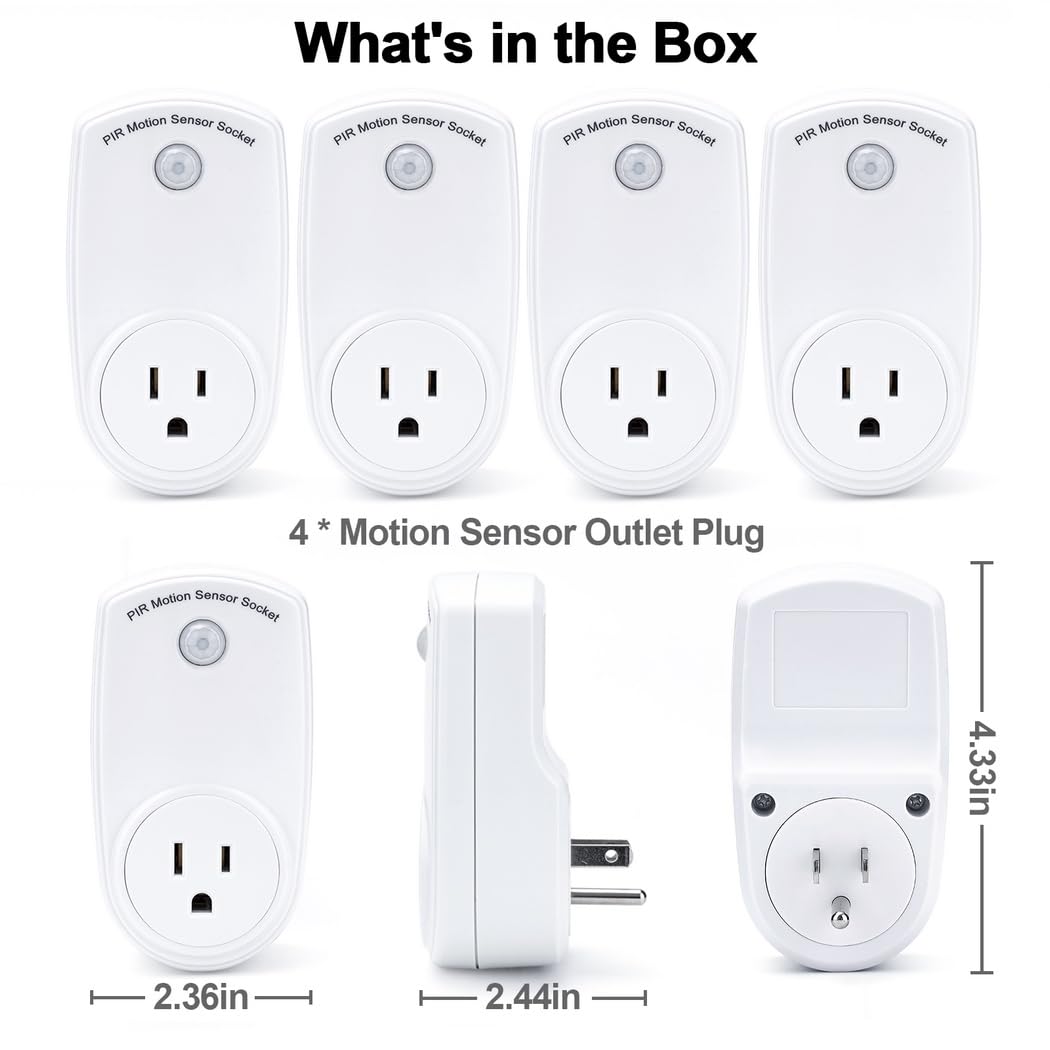 120 Wide Angle and 19 7Ft Range 4 Pcs Motion Sensor Outlets Pir Motion Sensor Light Plug in — view 6