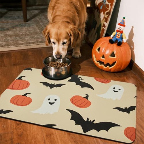 Halloween Bath Mat, Thin Bathroom Rug Non Slip Quick Dry Pumpkin Bath Mat Fits Under Door Thin Floor Mat Halloween Decor, 17''x30'', Pumpkins Bats and Ghost