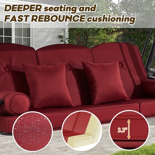 Image of 3 in 1 Outdoor Porch Swing with Adjustable Canopy, 3 Seat Outdoor Swing for Adults, Patio Swing Chair with Thickened Cushions,Pillows & Cup Holders for Backyard, Porch, Garden (Wine Red)