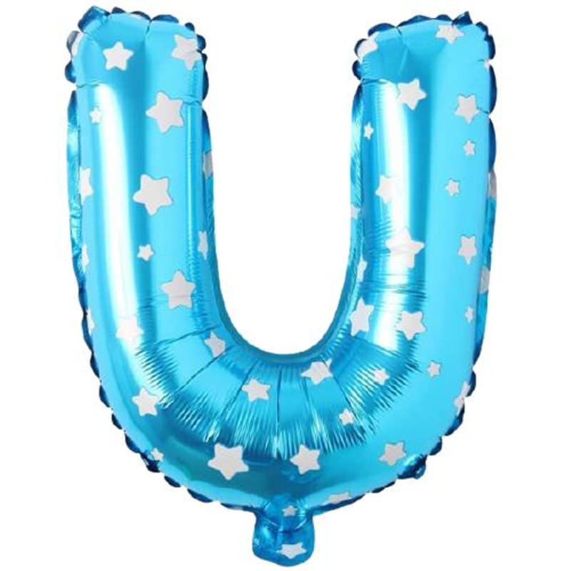 PARTİ VİTRİNİ U Harfi 16 İnç Mavi Yıldızlı Renk Folyo Balon 36 CM (Mavi)