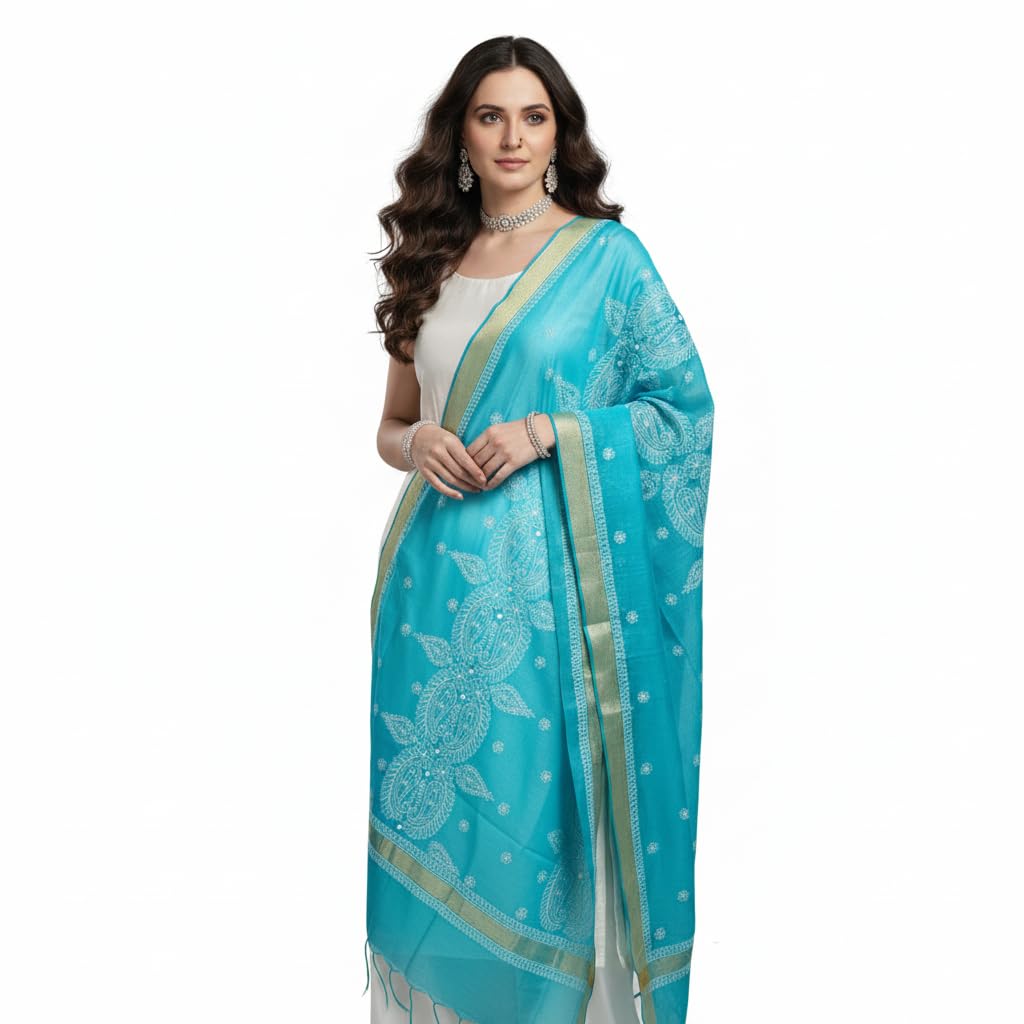 Sky Blue Chanderi Banarasi Chikankari Dupatta for Women Hand Embroidered Lucknowi Dupatta 2.25 Meter Length 32 Inch Width Ethnic Designer Stole-image-33