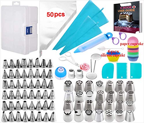 Icing Piping Tips,Piping Bags and Tips,Cake Decorating Supplies Tips Kits,Cupcake Decorating Kit,Russian Piping Tips,Flower Frosting Tips,Bakes Flower Nozzles-Large Cupcake Decorating Kit (167PCS)