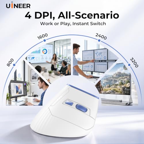 Uineer Vertical Ergonomic Mouse, Wireless Bluetooth Mouse, 3-Device,Quiet | Rechargeable multi-device wireless Bluetooth mouse, ergonomic vertical design relieves wrist fatigue, 4-level DPI up to 2400 - image 6