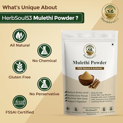 Image of HerbSoul53 Pure Natural Mulethi Powder 200gm - Drinkable Licorice Root Churna | Yashtimadhu Ayurvedic Powder for Glowing Skin, Pigmentation, Hair, Throat, Cough Relief & Immunity Support