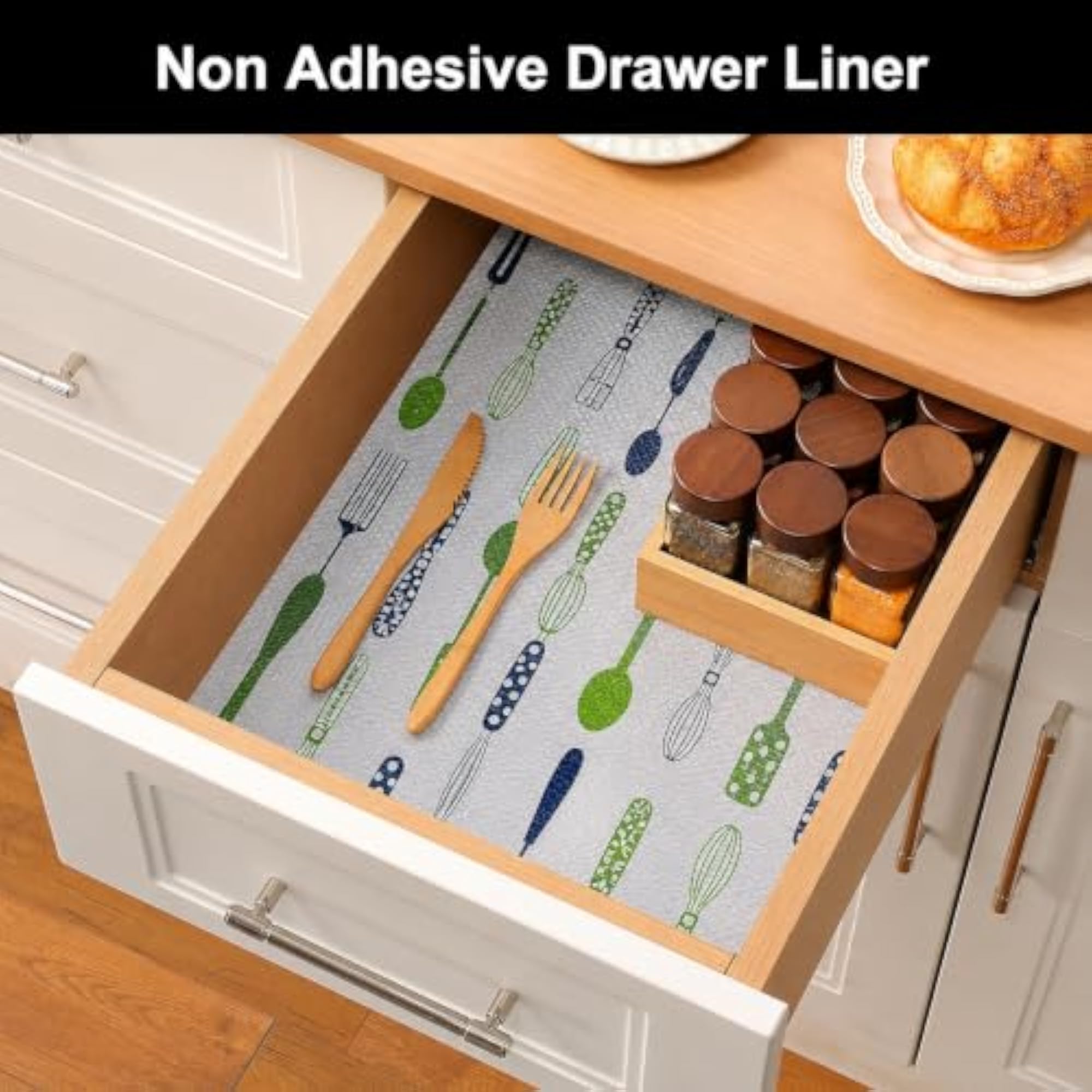 Green Spoon Print Kitchen Drawer Mat, 45 x 300 cm