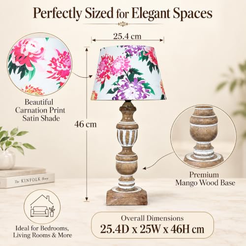 Image of tu casa Wooden Table Lamp | Premium Floral Satin Shade | Solid Wooden Base | Modern Home Decor | Ambient Bedside Lighting | Bedroom, Living Room, Study Table, Office & Festival Gifting