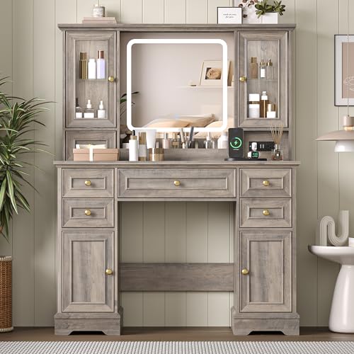 Image of Makeup Vanity Desk with Mirror and Lights, Farmhouse Vanity Table Set with 6 Drawer&Charging Station, Makeup Table with RGB Cabinets, Grey Vanity with Lighted Mirror for Girls Women, 3 Light Modes