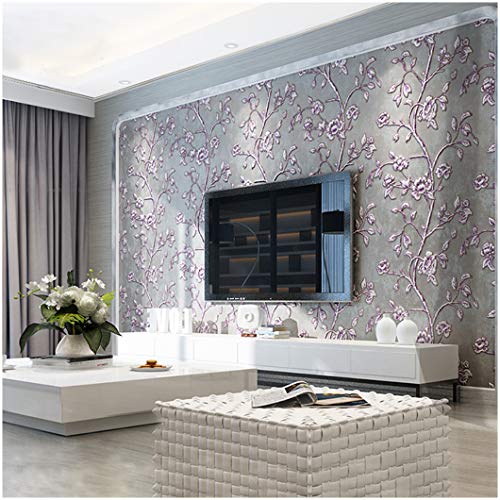 QIHANG Modern Simple 3D Thick Non-Woven Embossed Tree Flowers Pattern Living Room Wallpaper Roll Purple&Gray Color 1.73' x 32.8'=57 Square feet