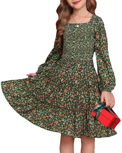 GRACE KARIN Girls Fall Long Sleeve Floral Square Neck Smock Tiered Casual Holiday Teen Dress Size 5-14