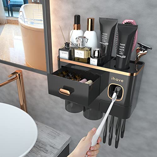 iHave Toothbrush Holders Wall Mounted with Toothpaste Dispenser & 2 Cups - Luxury Black and Gold Design for Bathroom Decor All-in-One Bathroom Organizers & Storage for Toothbrushes and Accessories