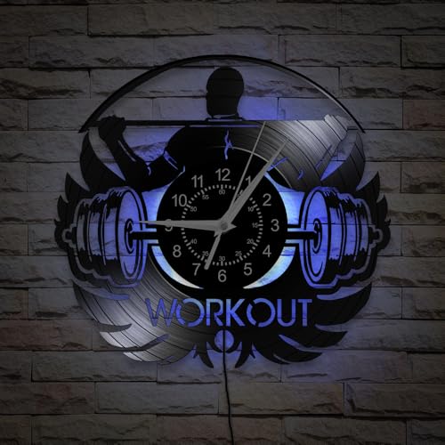 TIMEGLOW 12'' No Pain No Gain Gym Wall Clock 7 Kinds of LED Color, Fitness Workout Vinyl Wall Clock Night Light Weightlifting Men Inspirational Wall Watch Clock for Gym Fitness Studio Room Wall Decor