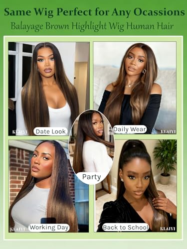 Image of KLAIYI Pre Everything Yaki Straight Glueless Ombre Highlight Balayage Brown 13x4 Lace Front Wigs Human Hair Drawstring Pre Plucked Bleached Knots 30S Ready to Wear and Go Wig Beginner Friendly 16Inch