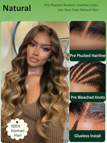Image of KLAIYI Ombre Brown Bye Bye Slip Loose Wave Precut 7x5Lace Front Wigs Human Hair Glueless Drawstring Balayage Highlight Pre Plucked Bleached Knots Ready to Wear and Go Wig with Face Framing Bang 26Inch