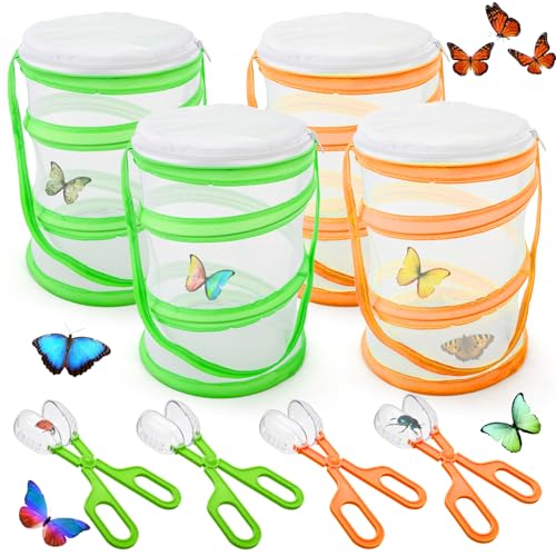 ZENFUN 8 Pieces Butterfly Kit, 4 Pcs Insect and Butterfly Habitat Cage with 4 Pcs Bug Catcher, Insect Mesh Cage, Caterpillar Enclosure, Monarch Butterfly Habitat, Terrarium Pop-up(Orange, Green)