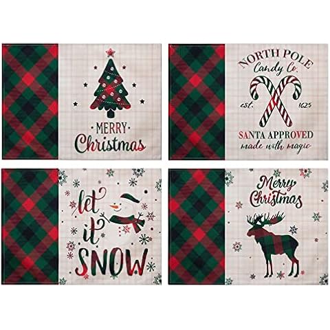 Christmas Placemats Set of 4, 13 x 18.7 inches Green Red Plaid Linen Burlap Place Mats for Dinner Rustic Heat-Resistant and Waterproof Table Mats for Xmas Party Indoor Cover