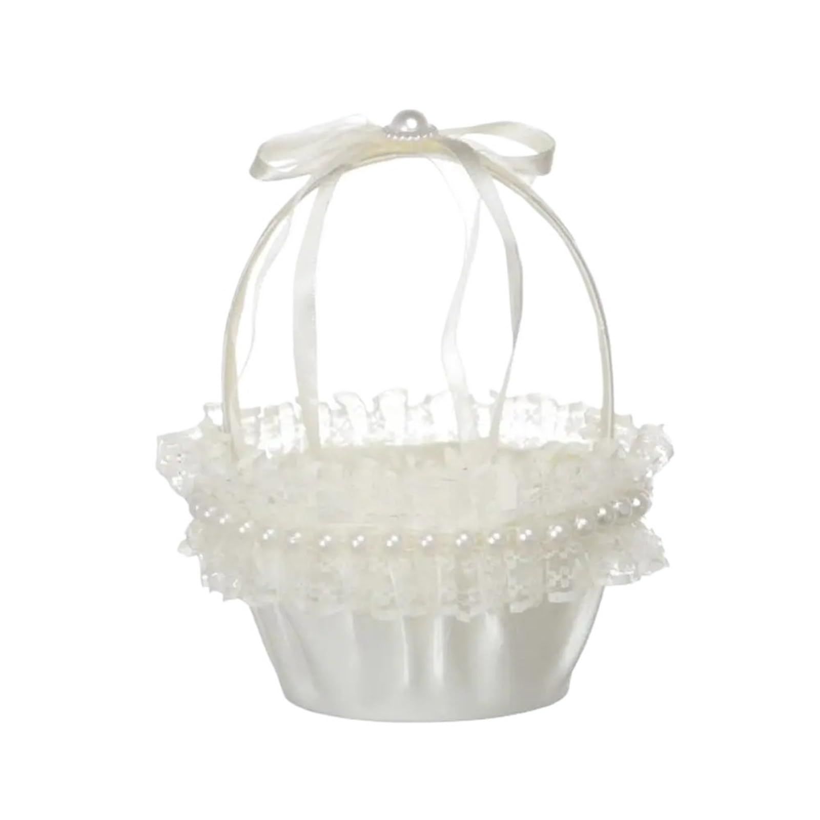 Flower Girl Bow Basket Satin Rose Pearl Handle