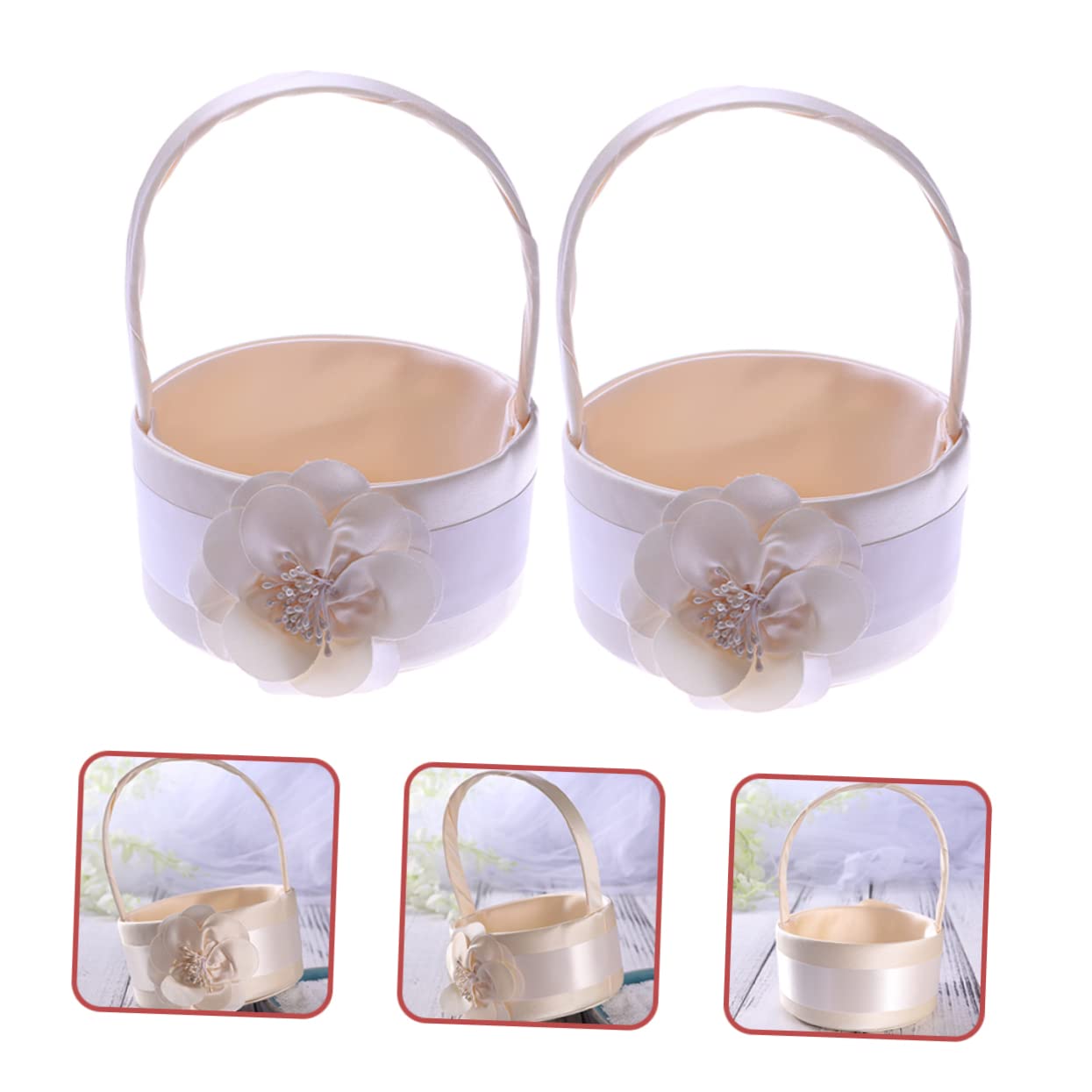 2 Stück-pack Runde Hochzeitskörbchen aus Stoff in Weiß, Handlich | Blumenmädchen, Zartes Satin Design, Passend für Jubiläum und Verlobungsfeier